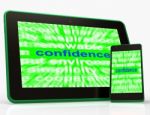 Confidence Tablet Shows Self-assurance Composure And Belief Stock Photo