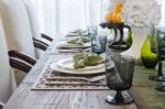 Wooden Dinning Table With Table Set Stock Photo