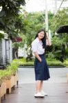 Portrait Of Thai High School Student Uniform Teen Beautiful Girl Happy And Relax, Stock Photo