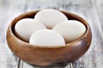 Duck Eggs In Brown Wooden Bowl Stock Photo