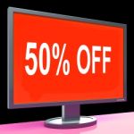 Fifty Percent Off Monitor Means Discount Or Sale Online Stock Photo