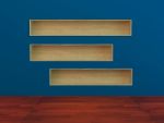 Wood Book Shelf Built-in  Wall On Blue Background Stock Photo