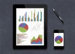 Digital Tablet Showing Charts And Diagram On Screen, Stock Photo