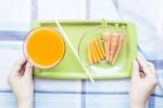 Carrots Juice Healthy Diet Food On Waiter With Hand Stock Photo