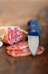 Italian Salame Pressato Pressed Slicing Stock Photo