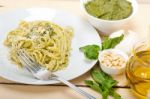 Italian Traditional Basil Pesto Pasta Ingredients Stock Photo