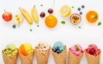 Various Of Ice Cream Flavor In Cones Blueberry ,strawberry ,pist Stock Photo