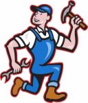 Carpenter Builder Hammer Running Cartoon Stock Photo