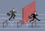 Businessman Jumping Over Hurdle Competition Stock Photo