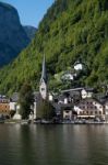 View Of Hallstatt From Hallstatt Lake Stock Photo