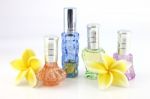 The Yellow Flowers And Orange,blue,green,violet Perfume Bottles Stock Photo