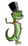 Cartoon Gecko With Top Hat And Bow Tie Standing Stock Photo