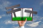 Green Grass In Book And Wooden Sign Stock Photo