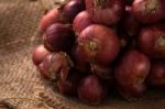 Shallots Still Life Sack Background Close Up Stock Photo