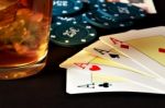 Poker, Whiskey And Money Stock Photo