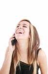 Lady Bursting Out Laughing On Phone Stock Photo