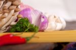 Italian Pasta And Mushroom Sauce Ingredients Stock Photo