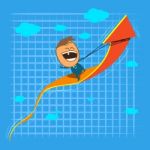 Cute Character Happy Businessman Riding On Rising Arrow Stock Photo