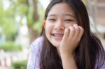 Portrait Of Thai High School Student Uniform Teen Beautiful Girl Happy And Relax Stock Photo