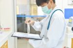 Scientist With Equipment And Science Experiments Stock Photo