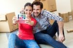 Young Couple  Taking Selfies In Their New Home Stock Photo