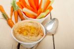 Fresh Hummus Dip With Raw Carrot And Celery Stock Photo