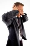 Side Pose Of Yelling Businessman Stock Photo