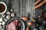 Ingredients For Boeuf Bourguignon On The Old Wooden Table Horizontal Stock Photo