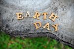 Wooden Earth Day Word On Wood Log Background. Save The Earth Idea Stock Photo