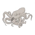 Hercules Fighting Giant Octopus Drawing Stock Photo