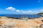 Field Of Solar Collectors On Rotatable Construction Stock Photo