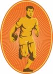 Rugby Player Running Passing Ball Retro Stock Photo