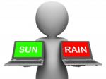 Sun Rain Laptops Shows Weather Forecast Sunny Or Raining Stock Photo