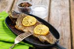 Delicious Baked Rainbow Trout With Lemon Straight From The Oven Stock Photo