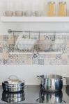 Kitchen Counter With Utensil Prepared For Cooking Stock Photo