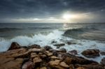 Sun Setting At Quarteira In Portugal Stock Photo