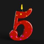 Number Five Candle Shows Cake Decoration Or Birthday Cake Stock Photo