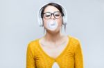 Beautiful Brunette Woman Listening To Music Stock Photo