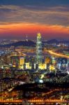 South Korea Skyline Of Seoul, The Best View Of South Korea With Lotte World Mall At Namhansanseong Fortress Stock Photo