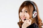 Asian Women Call Center With Phone Headset Stock Photo