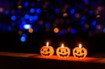 Halloween Pumpkin Lamp, Pumpkin Lantern At Night Stock Photo