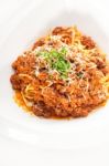 Spaghetti With Bolognese Sauce And Fresh Vegetables On Backgroun Stock Photo