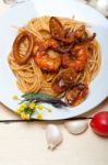 Italian Seafood Spaghetti Pasta On Red Tomato Sauce Stock Photo