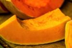 Big Pumpkin Slice On The Market Stand Stock Photo