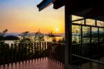 High Angle View Beautiful Lake At Sunset From Resort Stock Photo