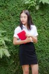 Thai Adult Student University Beautiful Girl Reading Red Book Stock Photo