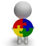 Jigsaw Solution And 3d Character Shows Solution Or Wholeness Stock Photo