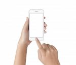 Hand Touching On White Phone Screen Isolated With Clipping Path Stock Photo