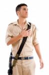 Soldier With Gun Putting Hand On His Chest Stock Photo