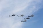 Mi-28n (havoc) Attack Helicopters Of Aerobatic Team Berkuty Fly Stock Photo